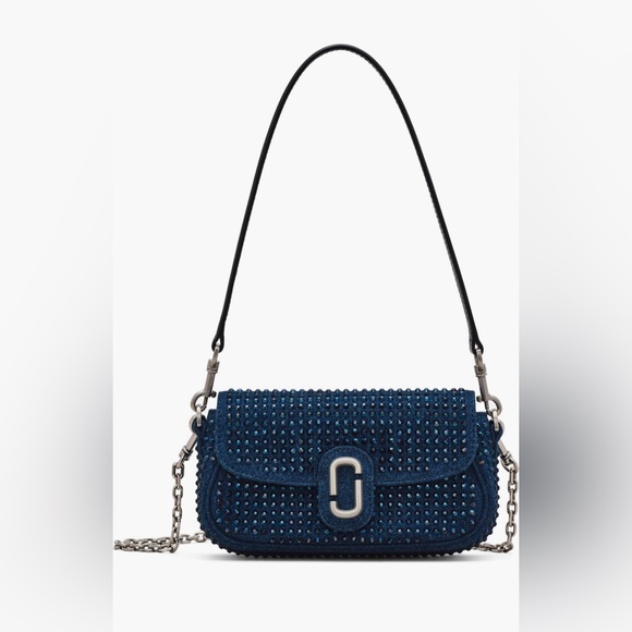 Marc Jacobs The Clover Crystal Embellished Denim Shoulder Bag Dark Wash Crystal - Picture 1 of 11